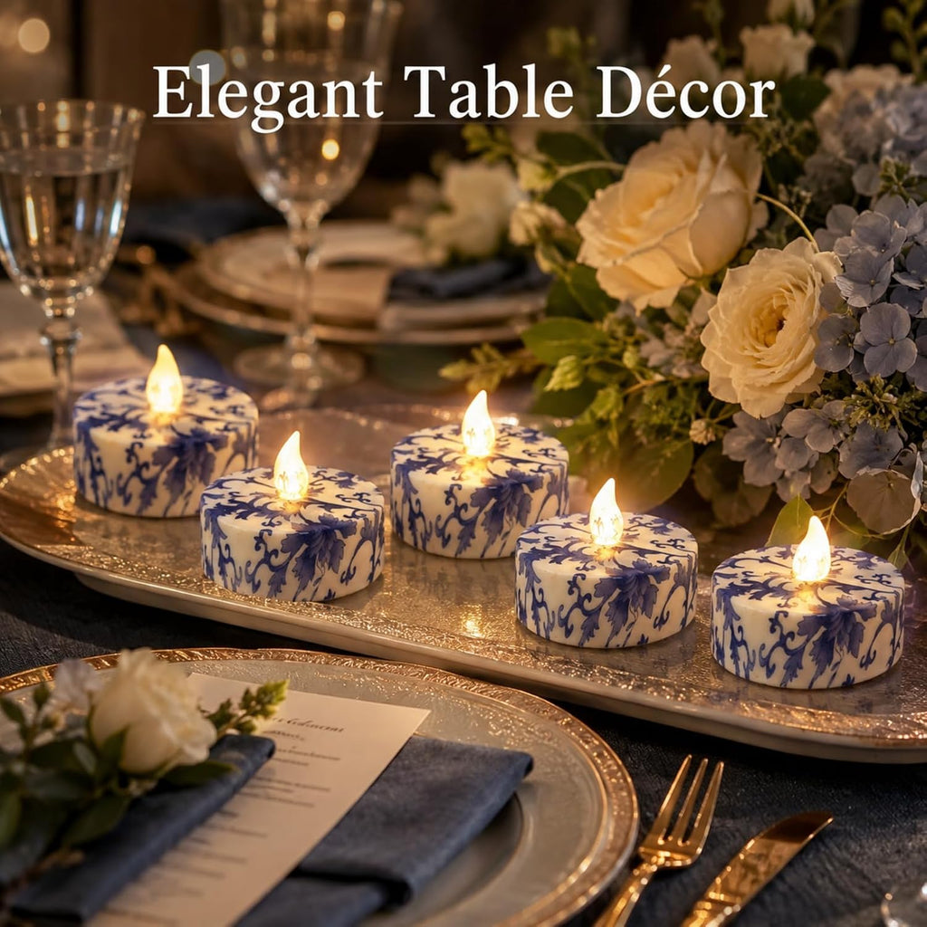 Flameless Tea Lights with Remote & Timer, 12 Pack Blue and White Floral LED Tealight Candles, Battery Operated Dimmable Flickering Lights for Wedding Home Decor