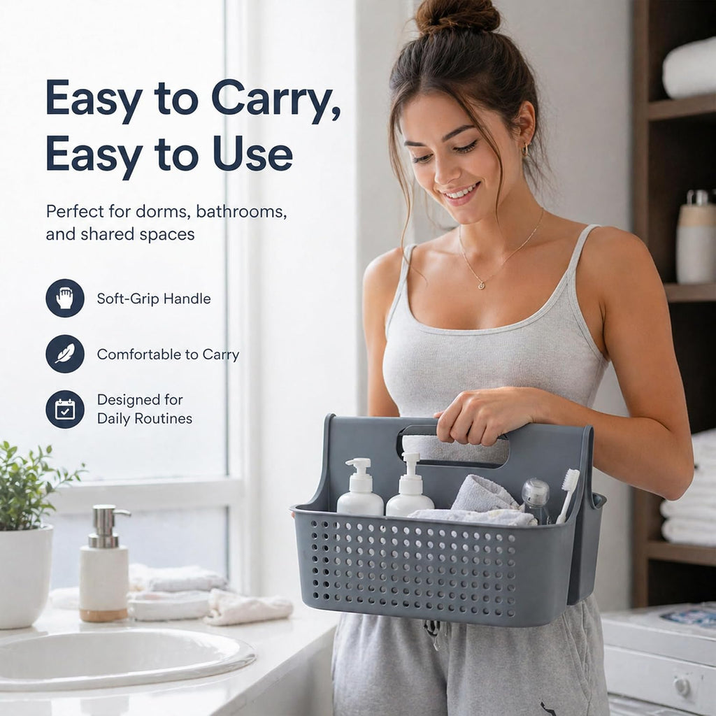 Haundry Portable Shower Caddy Basket, 2 Compartments Plastic Cleaning Caddy Organizer, Large Storage Tote with Handle for Bathroom, College, Dorm Room Essentials, Grey