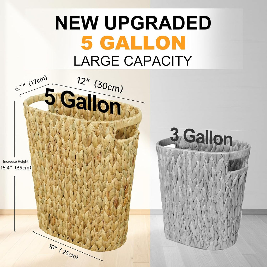 Coeusy Wicker Trash Can,Bathroom Trash Can,Water Hyacinth Wicker Waste Basket for Bathroom,Handwoven Narrow Small Waste Basket for Bedroom,Office,5 Gallon