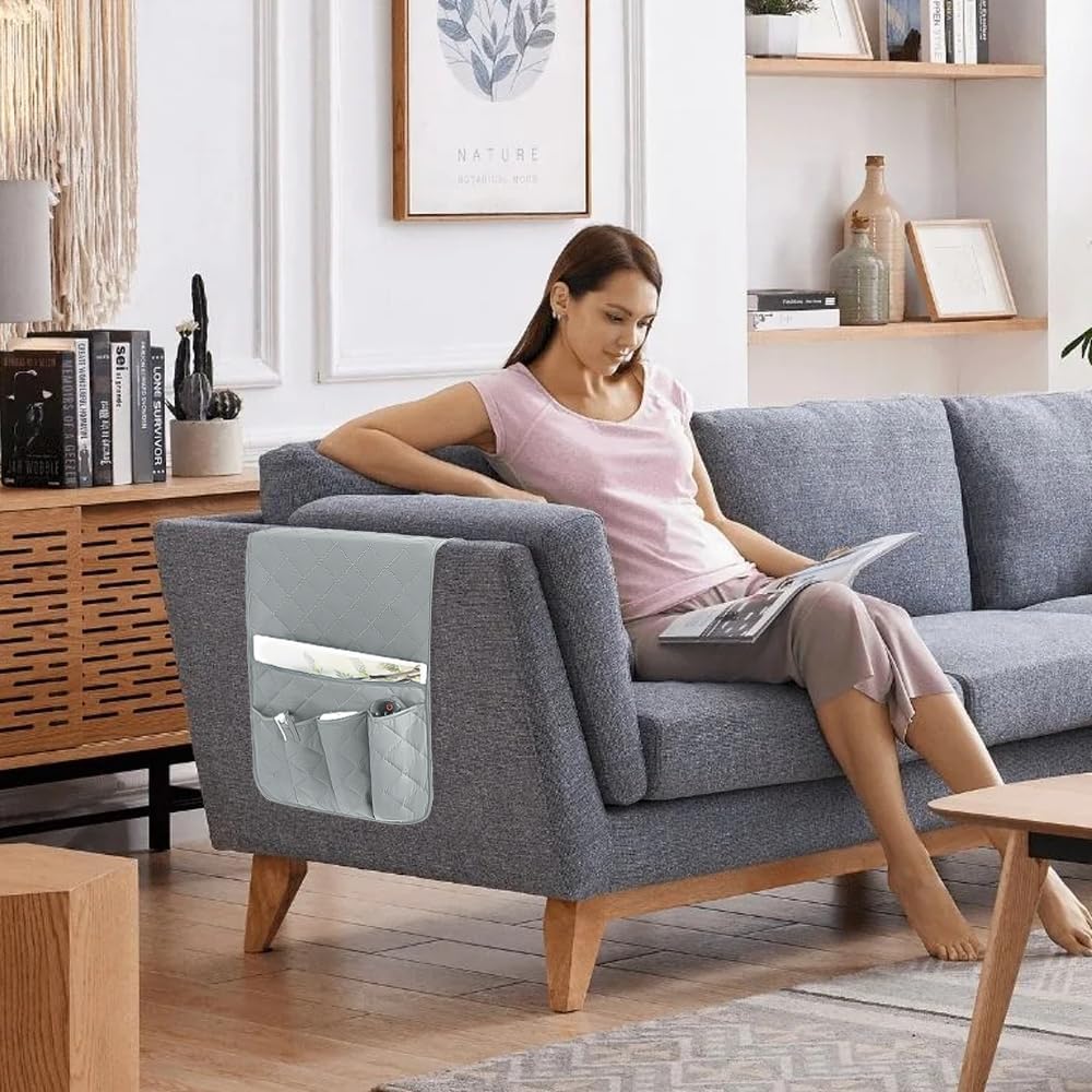 RETON Sofa Armrest Organizer 5 Pockets & 8 Hook‑and‑Loop Fasteners (Gray)