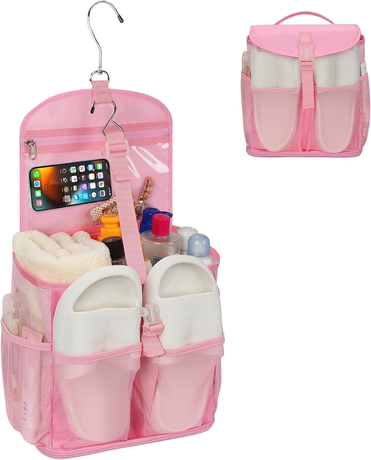 Hanging Mesh Shower Caddy Portable for College Dorm Room Essentials Pink