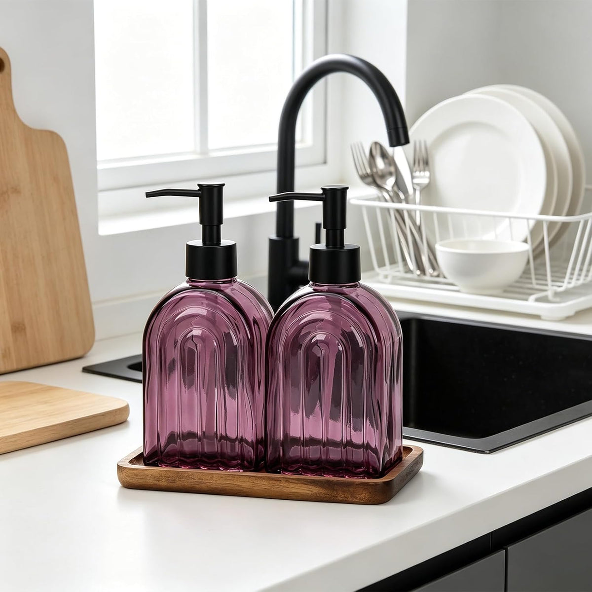 Glass Soap Dispenser Set with Wooden Tray, 13.5Oz Refillable Liquid Modern Soap Dispenser with Plastic Pump for Hand and Dish Set for Bathroom Countertop Decor (Purple)