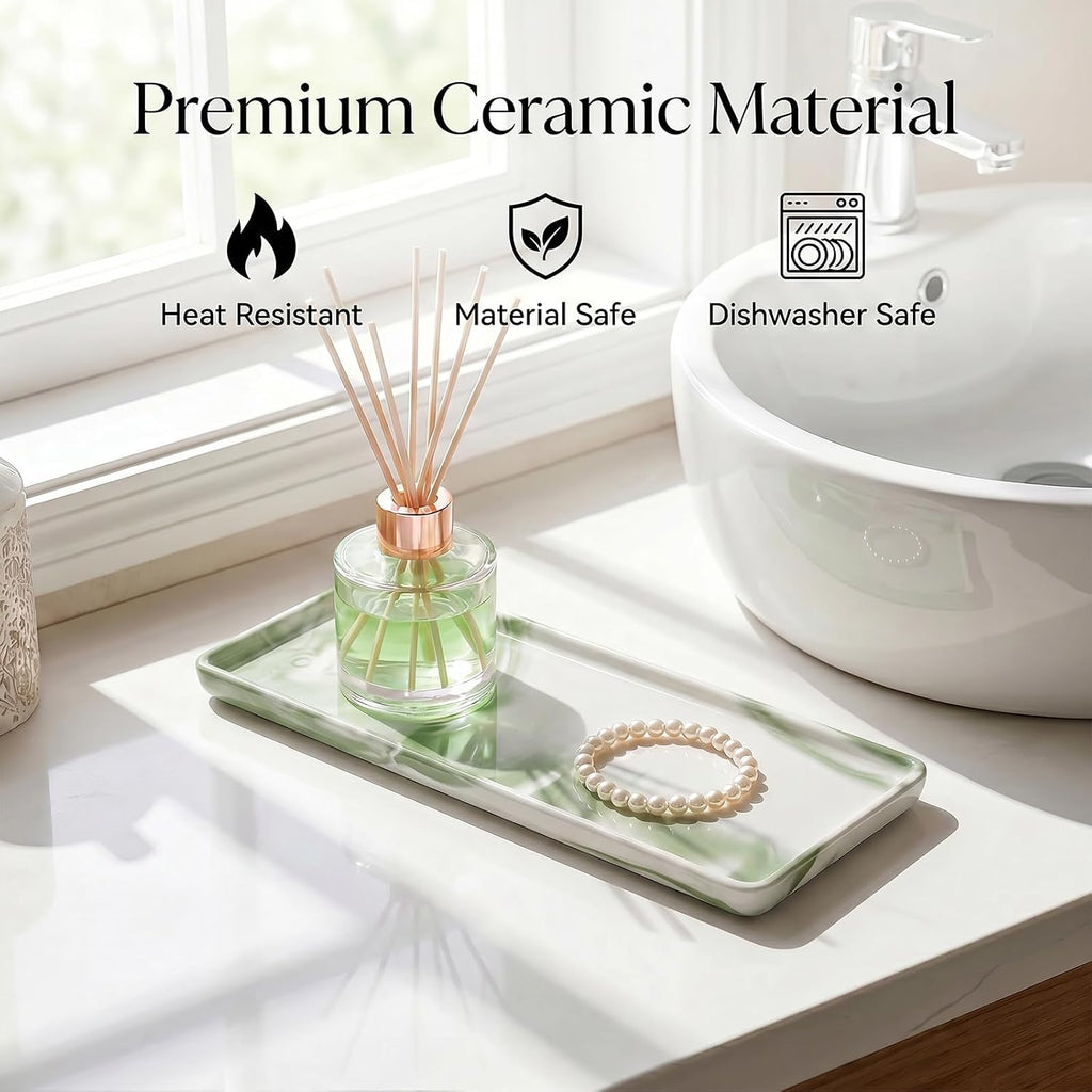 8″ x 3.7″ Inch Ceramic Vanity Tray, Decorative Rectangular Organizer for Bathroom Countertop, Dresser Top, Kitchen & Bathtub, for Soap, Perfume, Candle, Jewelry & Cosmetics (Marble-Green)