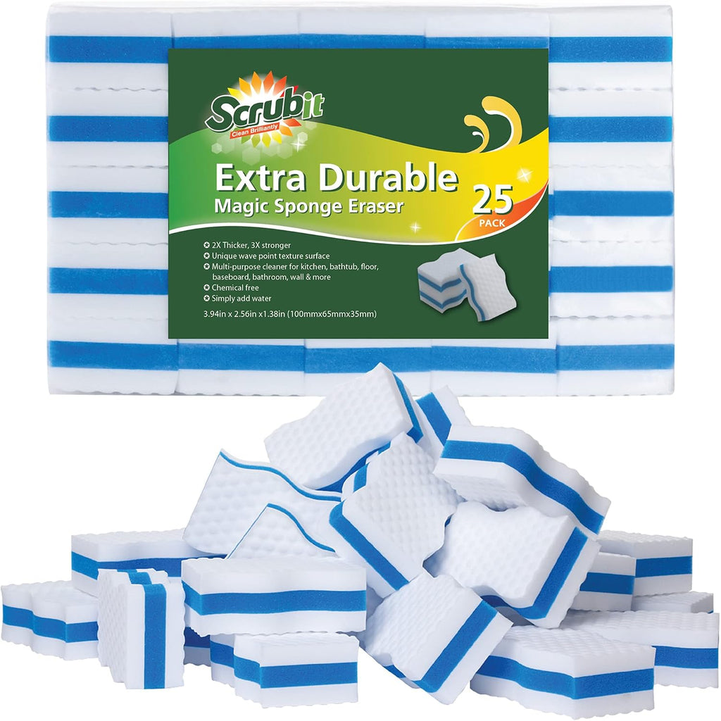 (25 Pack) Extra Durable Eraser Sponge by SCRUBIT - Kitchen, Bathroom, Floor & Wall Cleaner -Melamine Magic Cleaning Sponges - Extra Thick Erasers, Best Cleaning Supplies for The Toughest Stains & Dirt