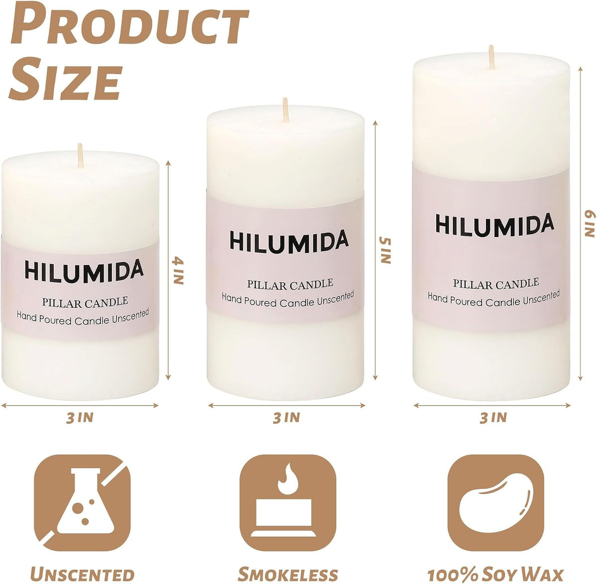 White Pillar Candles Set of 3 - Hand-Poured Unscented Candles,Smokeless Dripless Candles for Dinner Table and Home, Set of 3 in Different Sizes (3"x4", 3"x5", 3"x6")