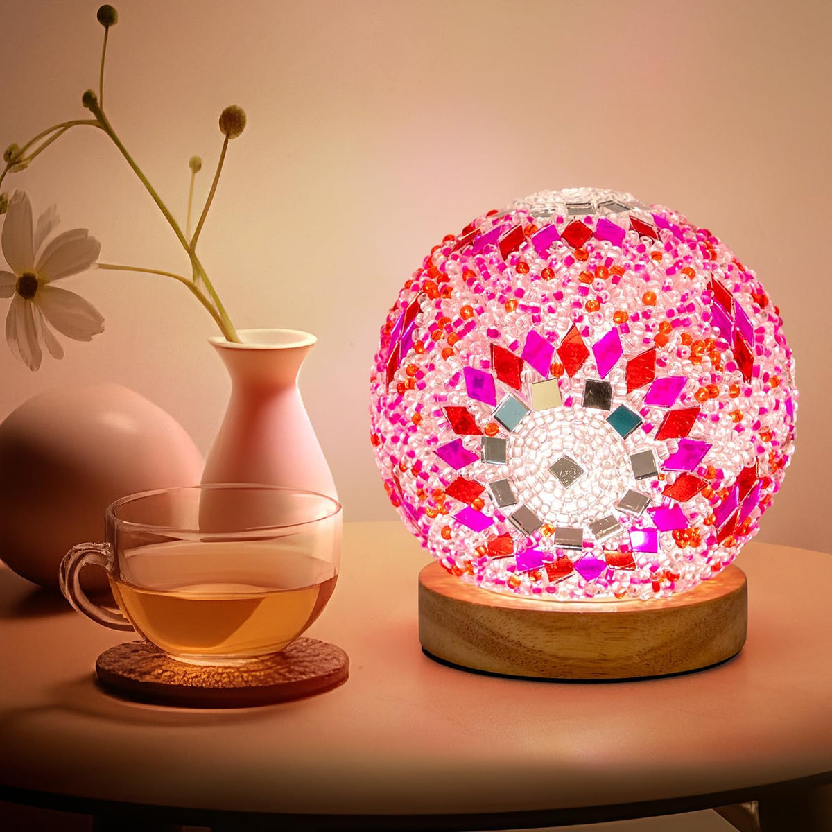 Turkish Mosaic Lamp, 3 Color Temperature Tiffany Bedside Lamp with USB Power, Moroccan Glass Lantern Table Lamp for Living Room Decor, Simple Control (D:4.7" x H:5.2") (Red1)