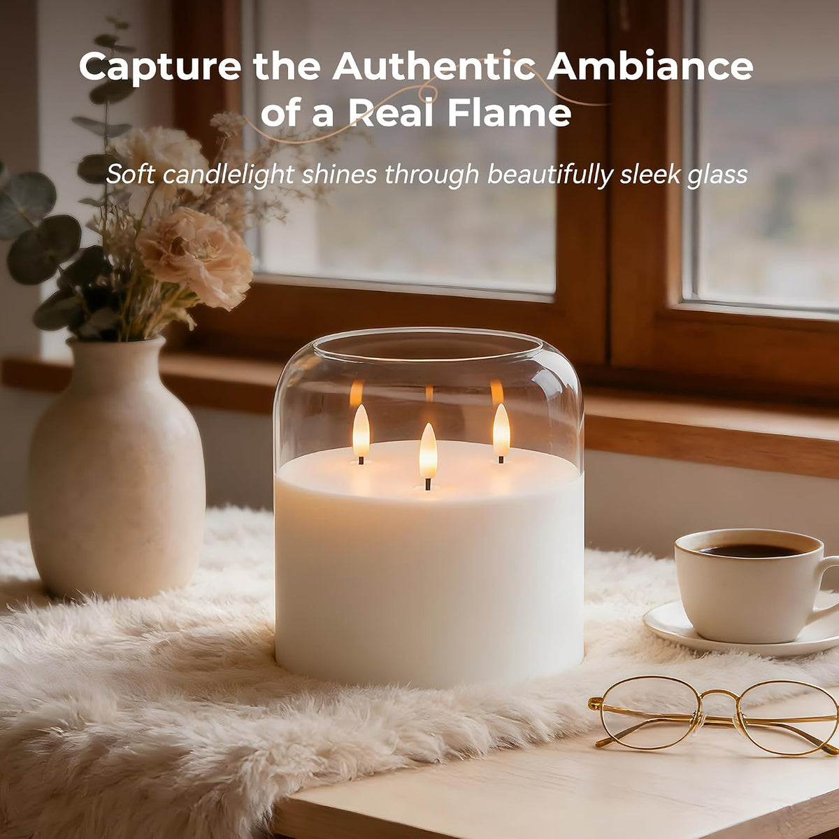 3 Wick Flameless Candle with Remote, Clear Glass, Wax, Battery Operated LED