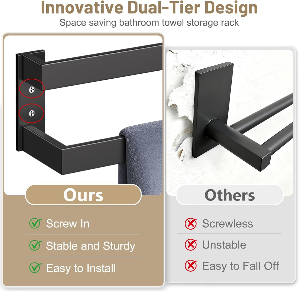 Double Towel Bar,Towel Holder for Bathroom Stainless Steel Towel Rack Wall-Mounted Bathroom Towel Bar 24-Inch Bathroom Hardware Accessories,Matte Black