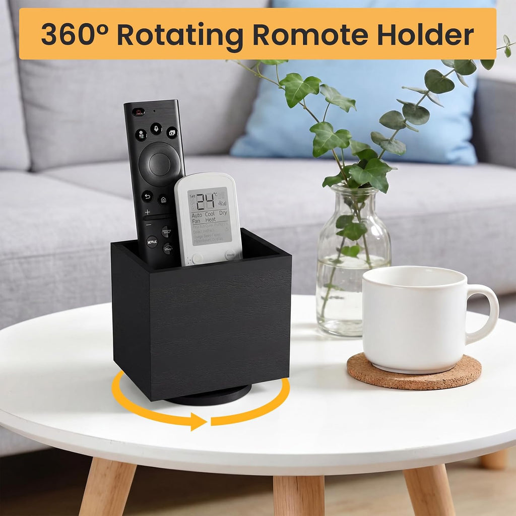 360° Rotating Remote Control Holder, Wooden TV Controller Holder, Remote Holder for Table, Desktop Caddy for Pen, Phone, Small Item Home Office School(Black)
