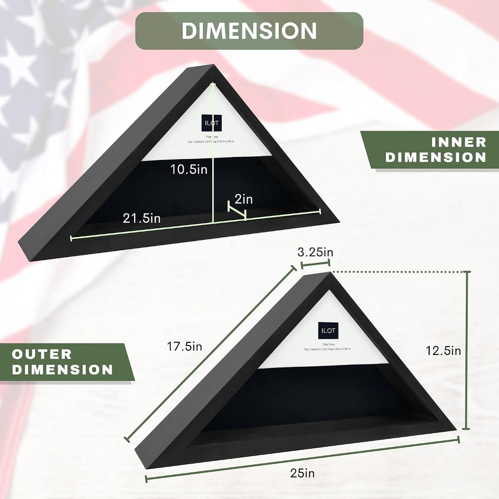 Flag Case for American Veteran Burial Flag Solid Wood Military Flag Display Case Funeral Flag Flag Shadow Boxes to Fit a Folded 5'x9.5' American Flag with Polished Plexiglass (Black)