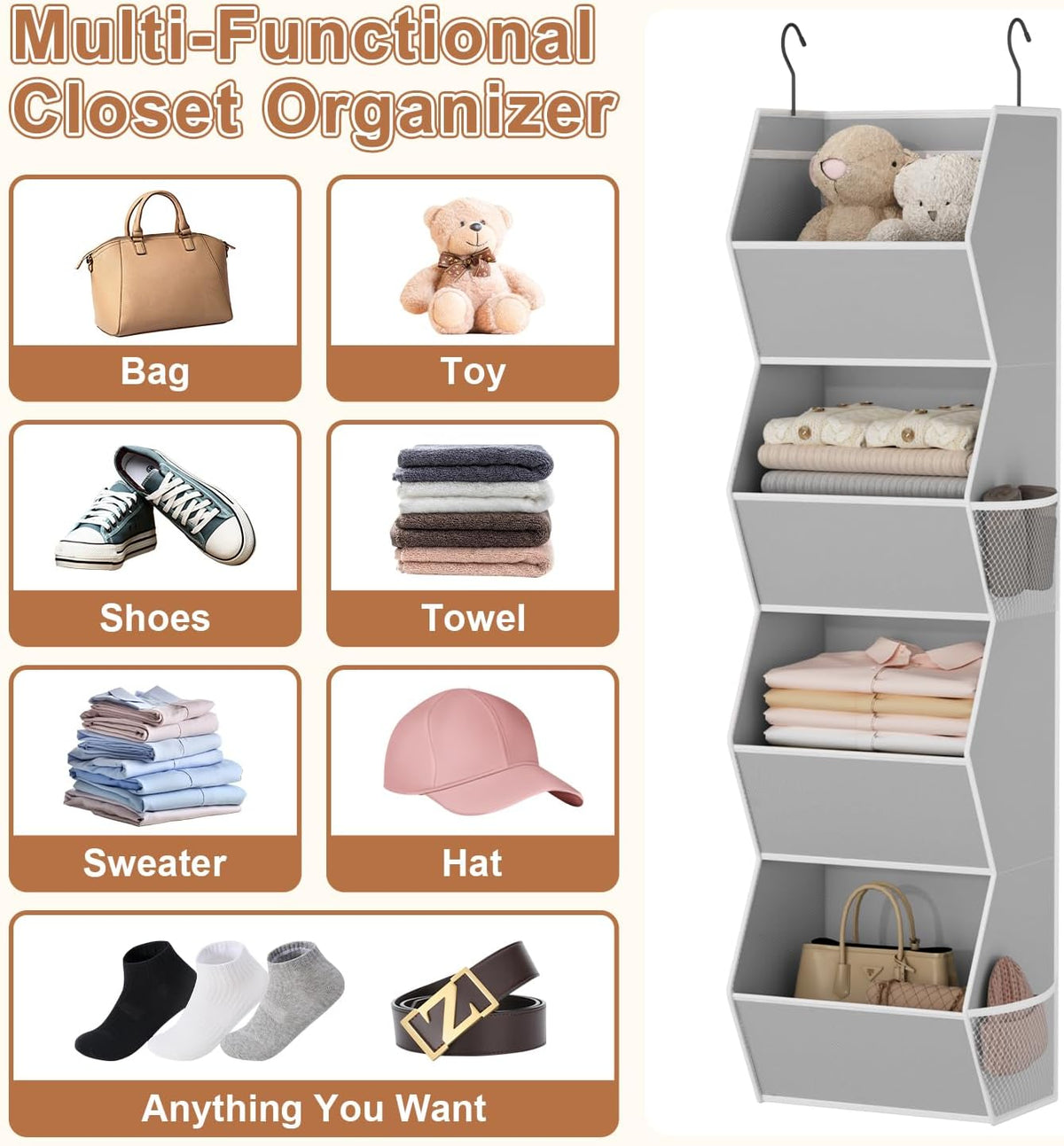 Closet Organizers and Storage Hanging with Mesh Pockets for Clothes, Grey