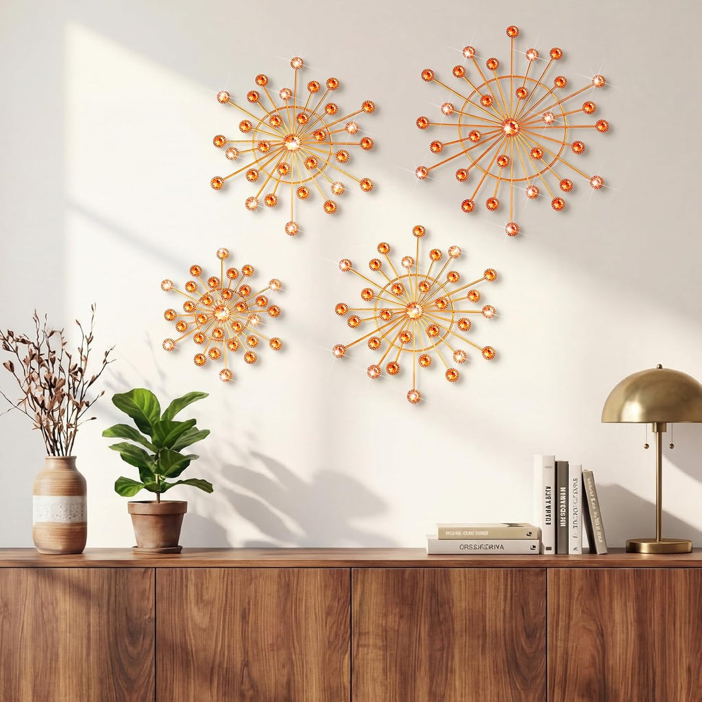 Blulu 4 Pcs Metal Wall Art Starburst Decor with 3D Rhinestone, Orange