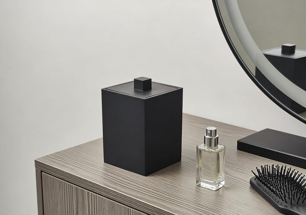 Square Cotton Swab Holder with Lid, Matte Black Qtip Holder Bathroom