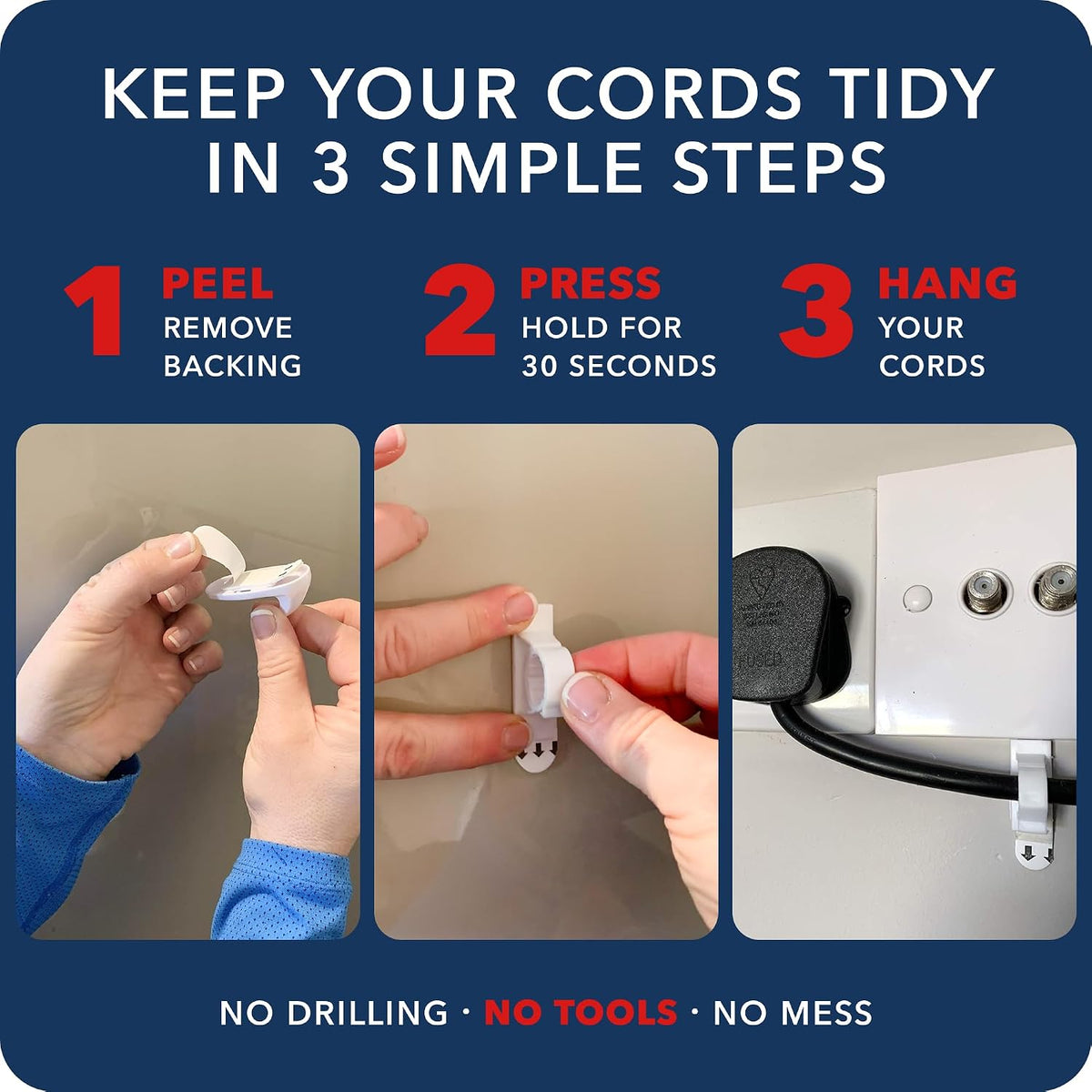 Takker - 4 x Cable Holder Tidy with 8 x Sticky Strips | Cable Hooks, Strong Adhesive, Easy Application, Damage-Free Removal, Re-Useable, No Sticky Residue, for Home, Bathroom, Kitchen, Walls