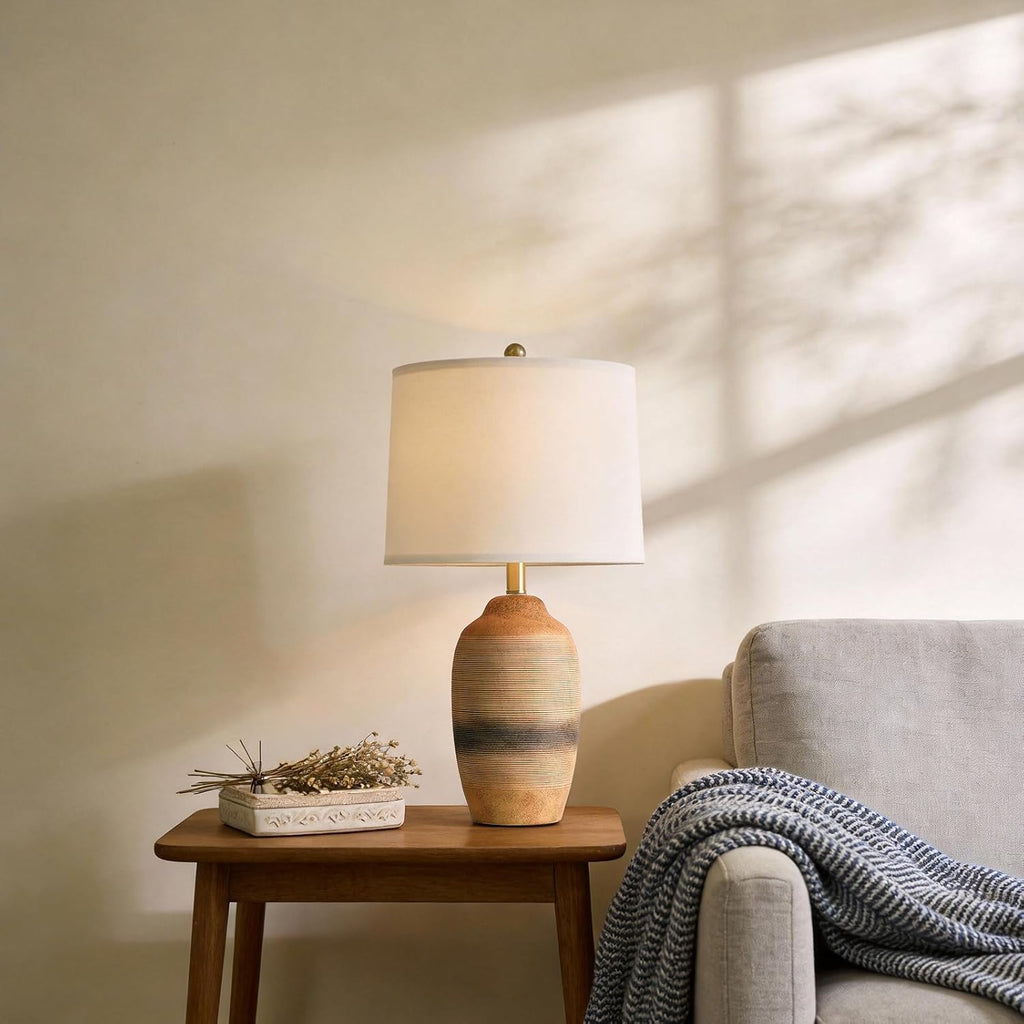 24.5" Handcrafted Ceramic Table Lamp with 5FT Cord, Single Farmhouse Vintage Rustic Bedside Lamp for Living Room Bedroom, Linen Shade Nightstand End Table Decor (Bulb Not Included)Earthy Yellow