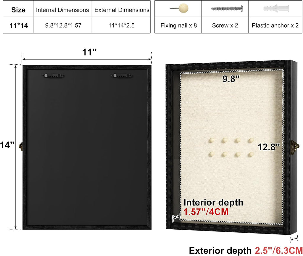 Love-KANKEI 11x14 Deep Shadow Box Frame,Solid Wood Beaded Edge Frame,Black