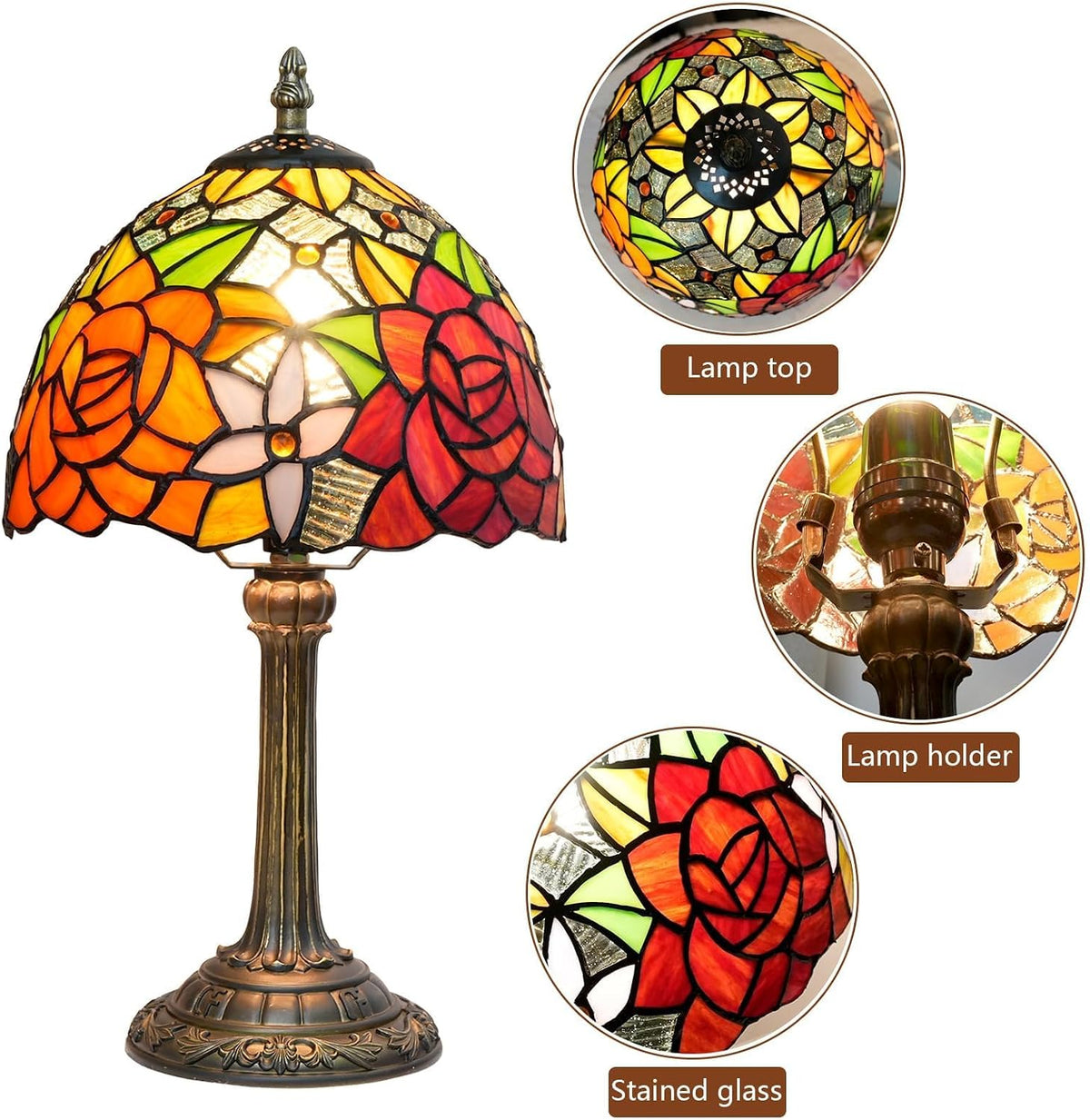 Tiffany Lamp Stained Glass Table Lamp Rose Flower Small Bedside Lamp Living Room Dining Room Office Decoration Desk Lamp Home Decoration Creative Gift