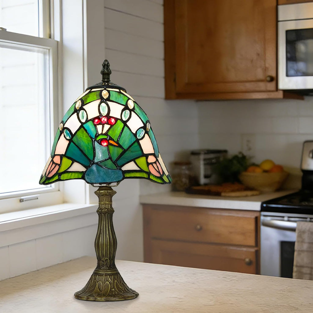 Small Tiffany Style Lamp,Green Peacock,3 Color Temperature,8 Inch
