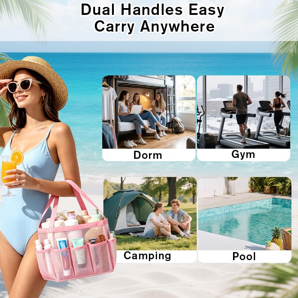 Mesh Shower Caddy Portable for College Dorm Room Essentials, Large Foldable Camp Travel Shower Bag with 9 Pockets, Quick Dry Bathroom Toiletry Tote Bag for Beach Swimming Gym Women Girl (Pink)