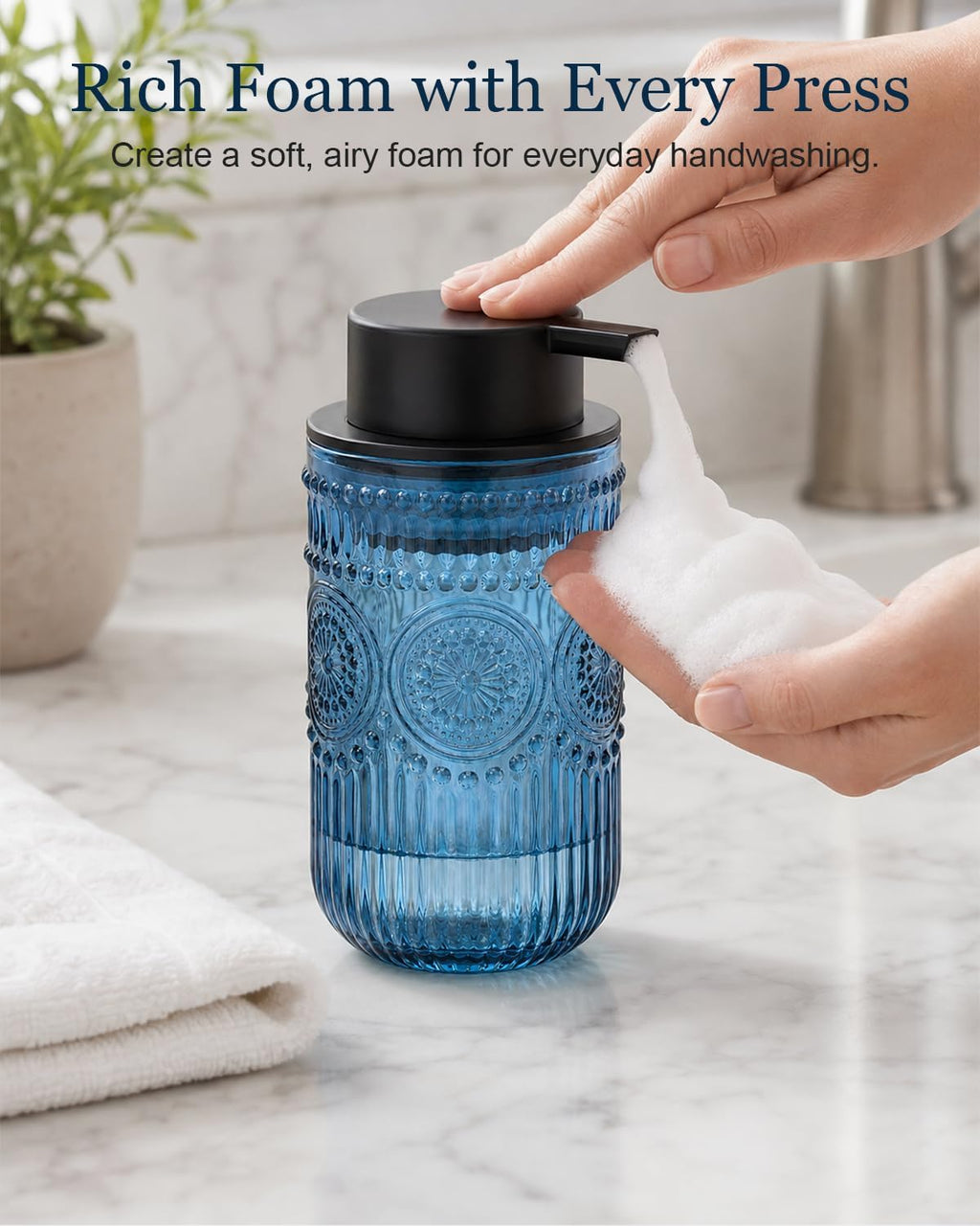 Foaming Soap Dispenser, Vintage Embossed Glass Foam Soap Dispenser, Blue