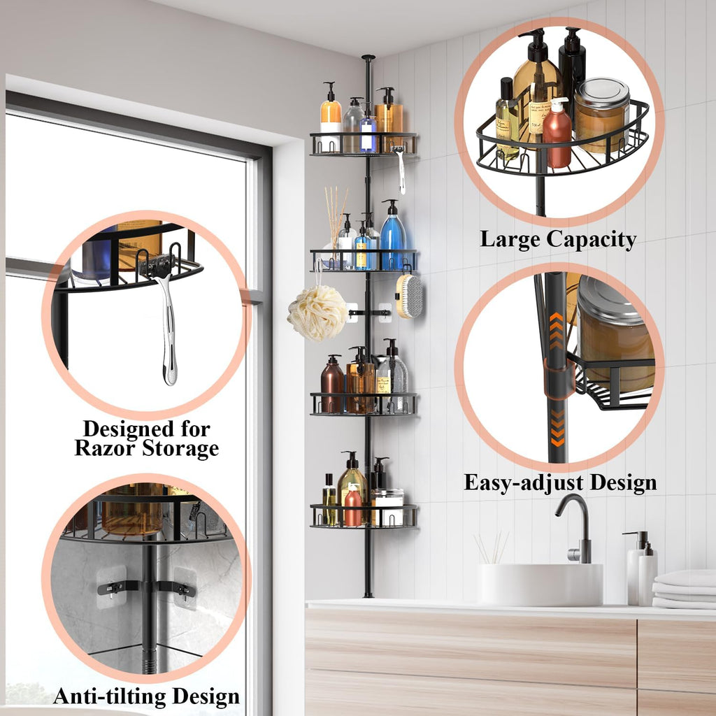 4-Tier Rustproof Corner Shower Caddy with Tension Pole