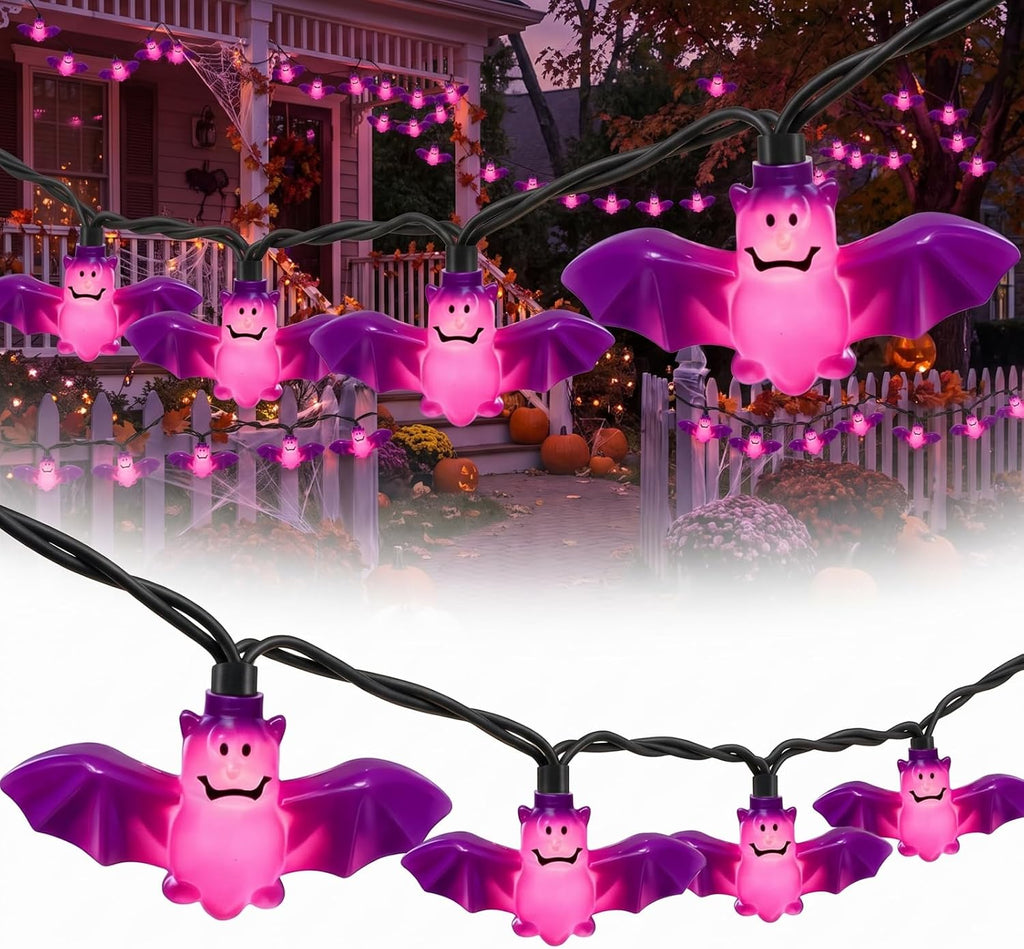 8.5FT Halloween Bat String Lights, Plug in 10 LED Purple Bat Decor Lights