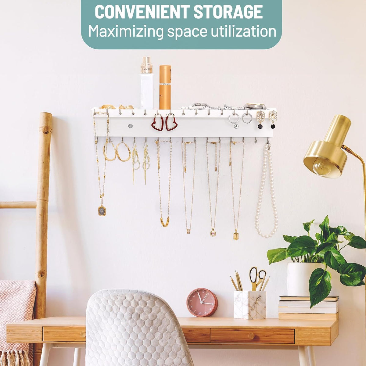 Necklace Holder Wall Mount,Jewelry Organizer with 30 Hooks,White