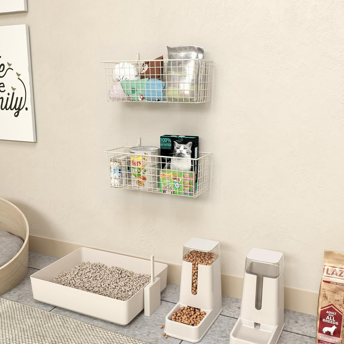 Kinlink 2 Sets White Extra Large Hanging Wall Basket with Steel Hooks