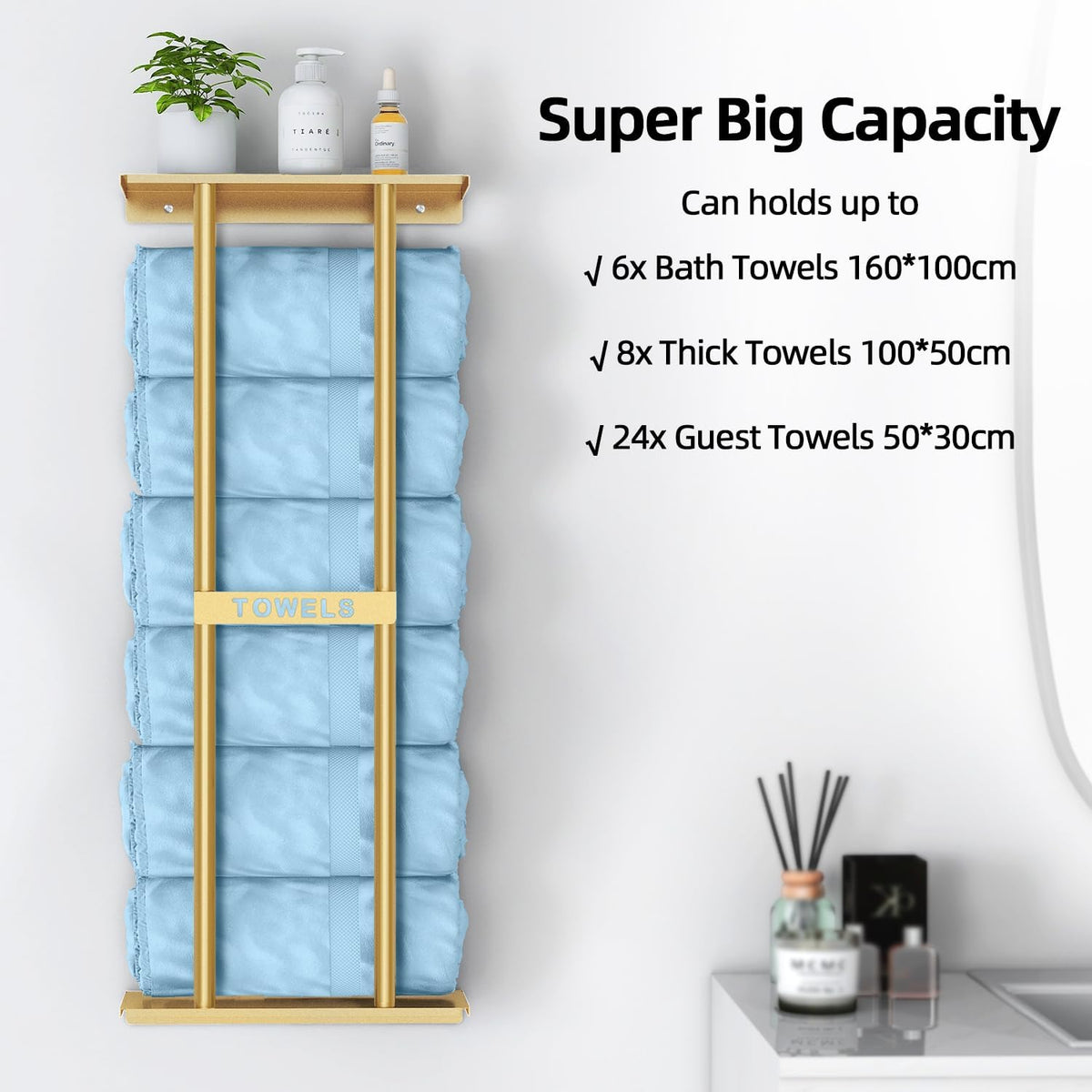 STWWO Bathroom Towel Storage Rack for Bathroom, 30 inch Towel Racks Wall Mounted with Shelf Can Holds 6 Large Towels, Wall Towel Rack for Rolled Towels, Gold
