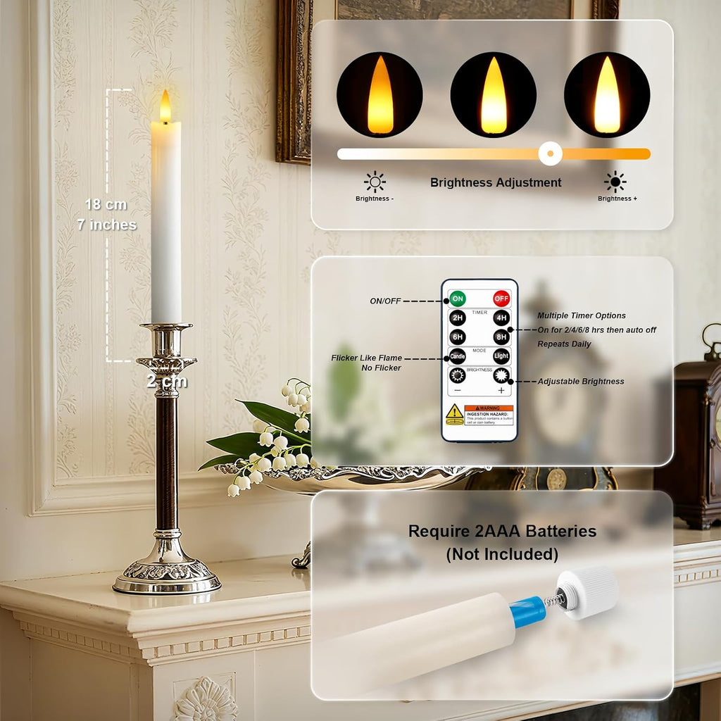 7 Inches Dripless Flameless Taper Candles with Remote Timer Dimmer, Real Wax Battery Candlesticks, 3D Flame Fake Candlesticks for Home Wedding Christmas Decor, White, 6 Pcs