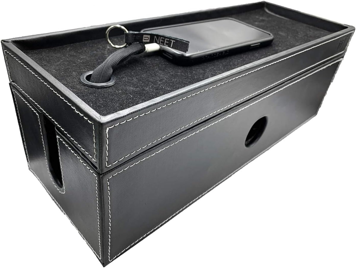 NEET Cable Management Box Large, Computer Cord Organizer, Hide and Conceal, Power Cable Organizer, Computers and Desks, Black Stitched Leather