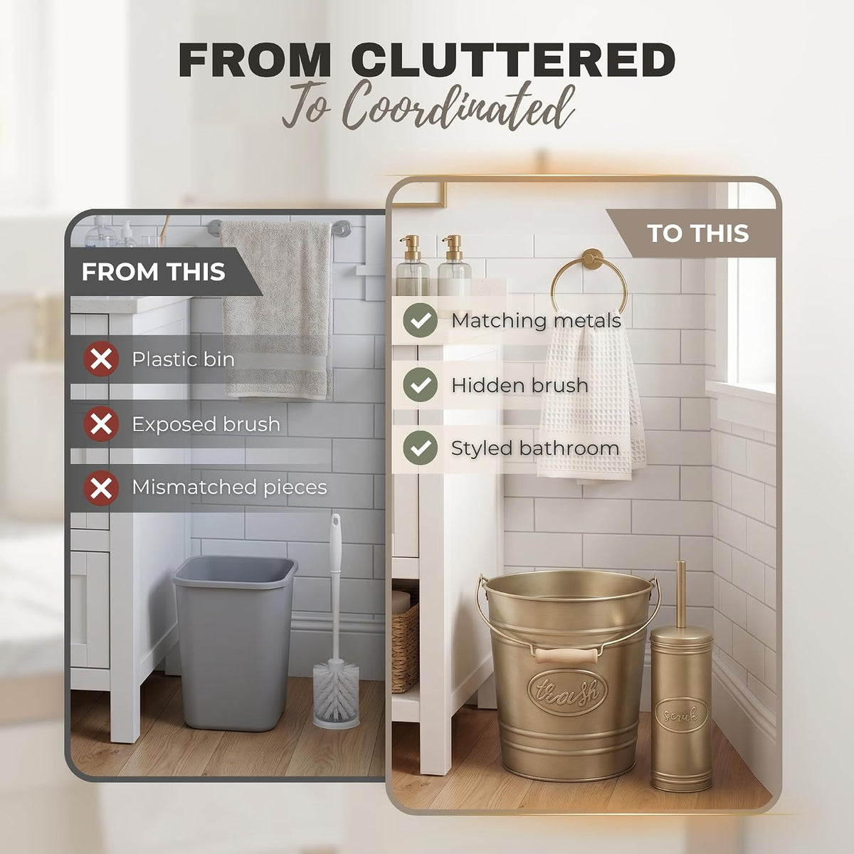 Autumn Alley Rustic Farmhouse Bathroom Trash Can and Toilet Brush Set - Rustic Bathroom Accessories for Charming Bathroom Décor, Antique Gold, 2 Gal. Capacity