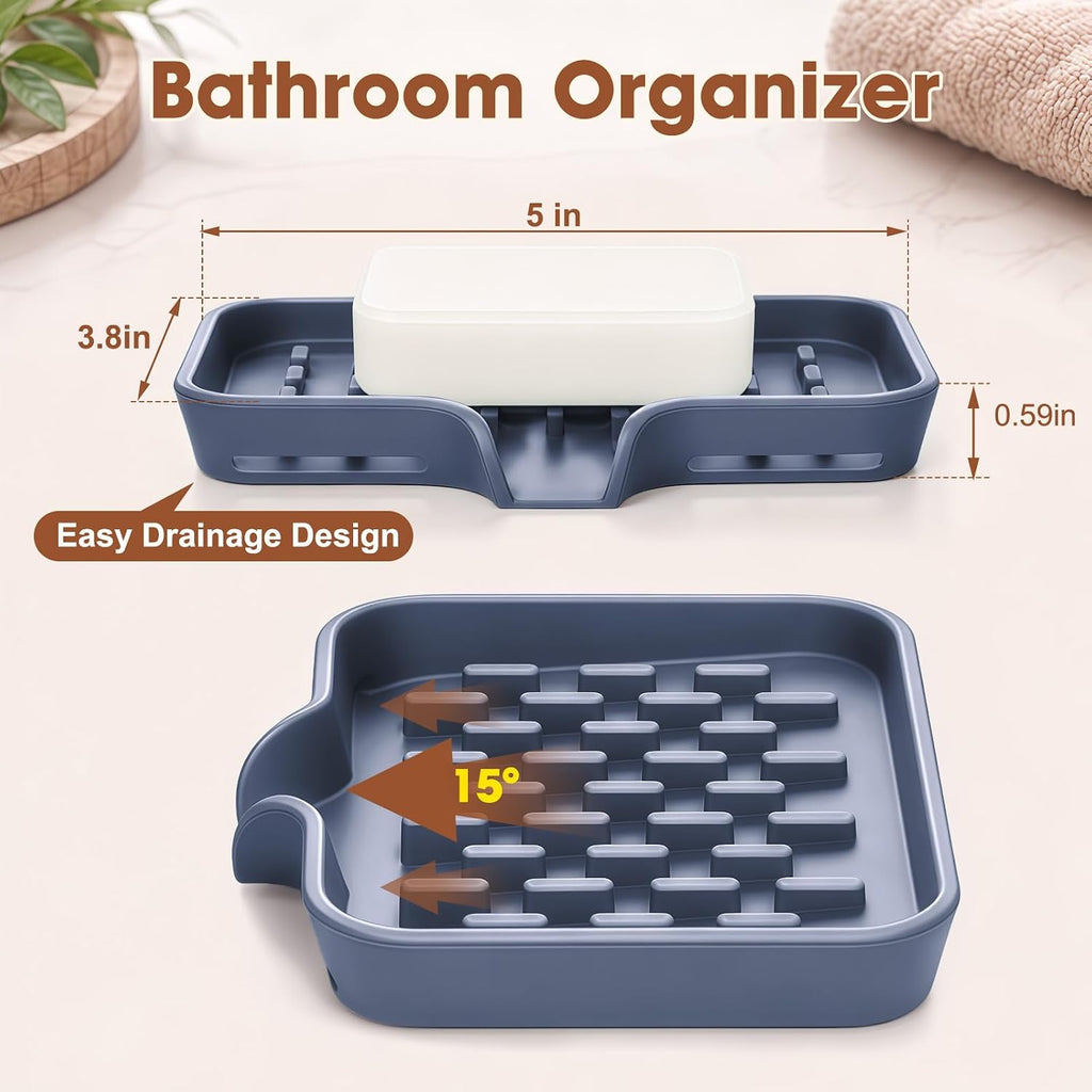 CAKETIME 2 Pack Silicone Soap Dish with Drainage Holes for Bathroom Shower Caddy Kitchen Counter Sponge Holder Bar Sink Organizer Tray Container Drying Accessories Small Case Saver Box Stuff Blue