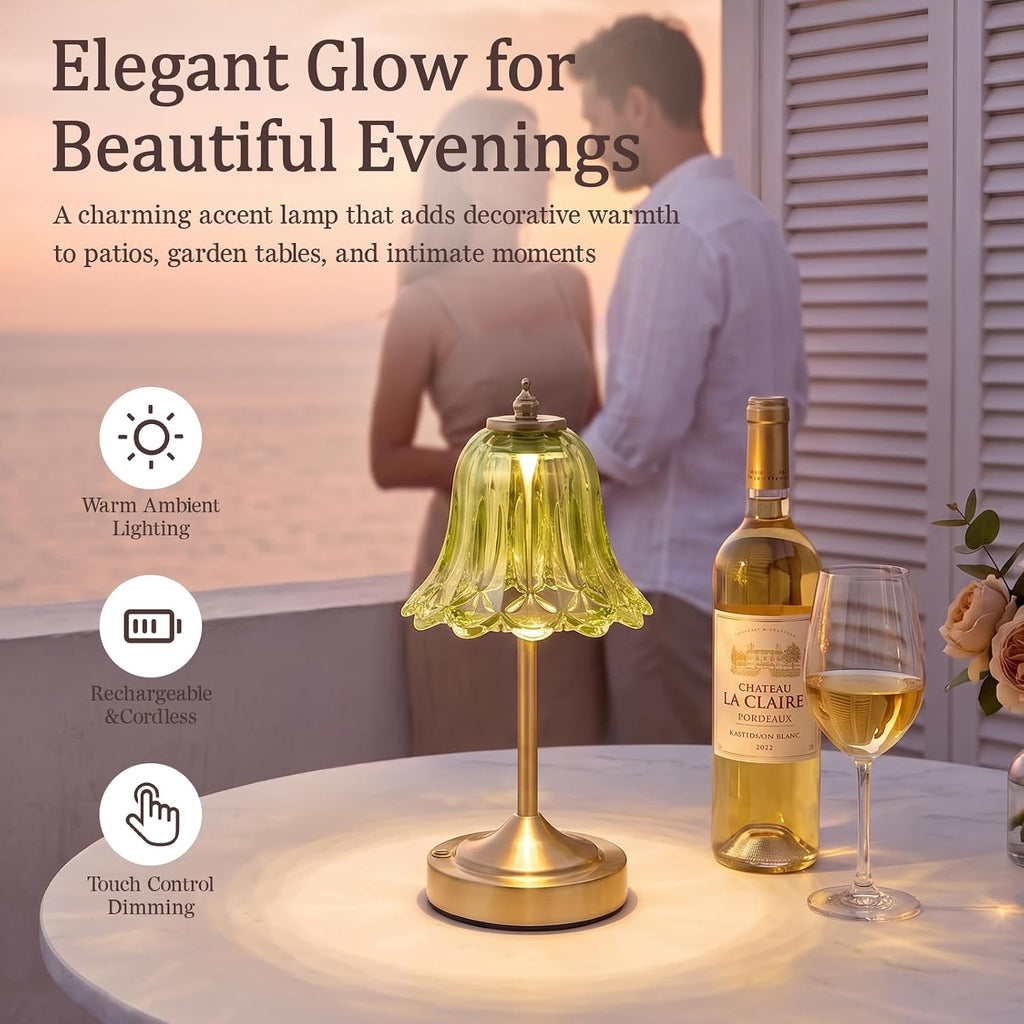 Cordless Table Lamp, Rechargeable Green Glass Tulip Flower Touch Lamp