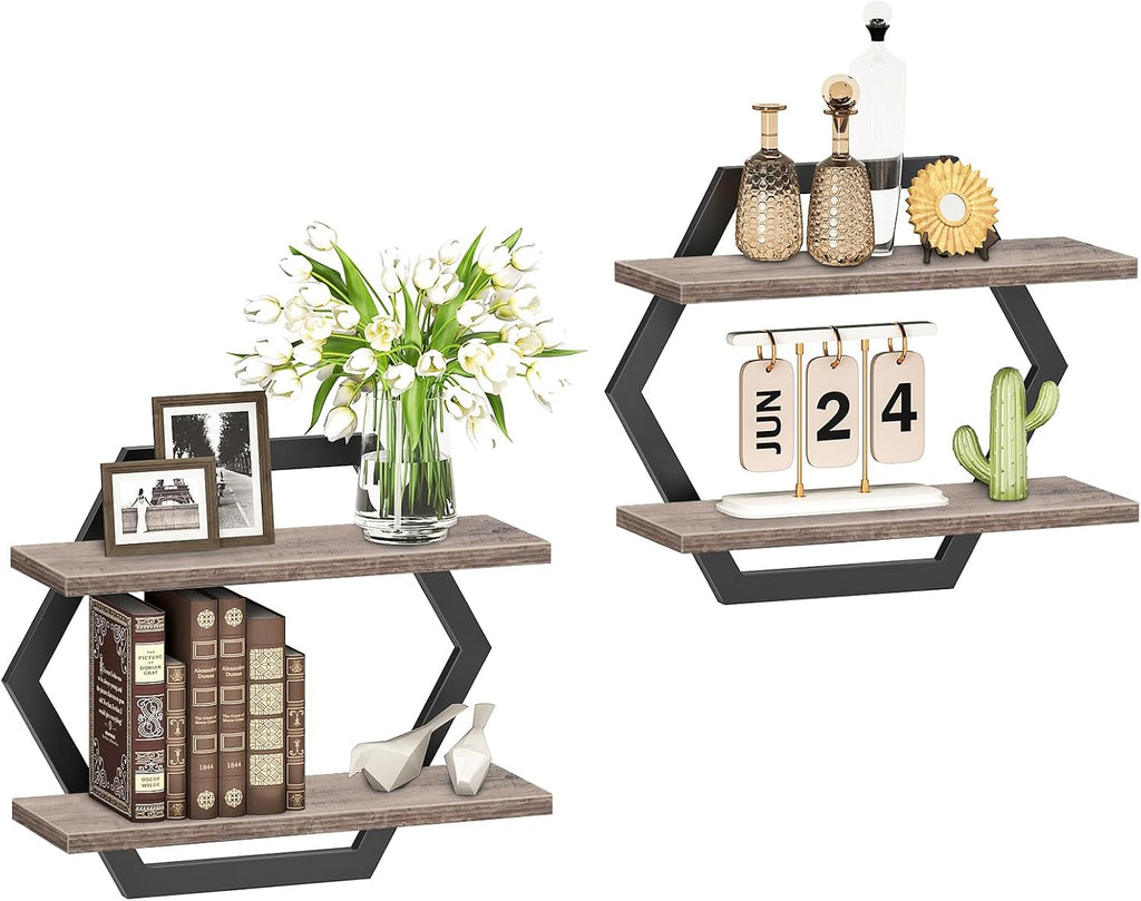 CHOEZON Hexagon Floating Shelves for Wall, Set of 2, 2 -Tier Hanging Shelves, Wall Mounted Storage Shelves, for Living Room, Bedroom, Kitchen, Home Office, Study, Greige TBJ06P2BG