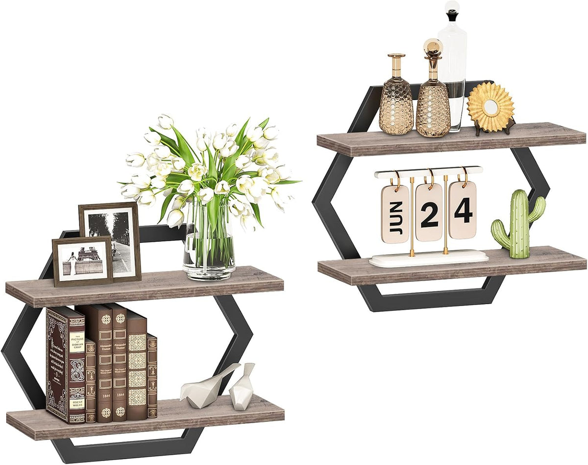 CHOEZON Hexagon Floating Shelves for Wall, Set of 2, 2 -Tier Hanging Shelves, Wall Mounted Storage Shelves, for Living Room, Bedroom, Kitchen, Home Office, Study, Greige TBJ06P2BG