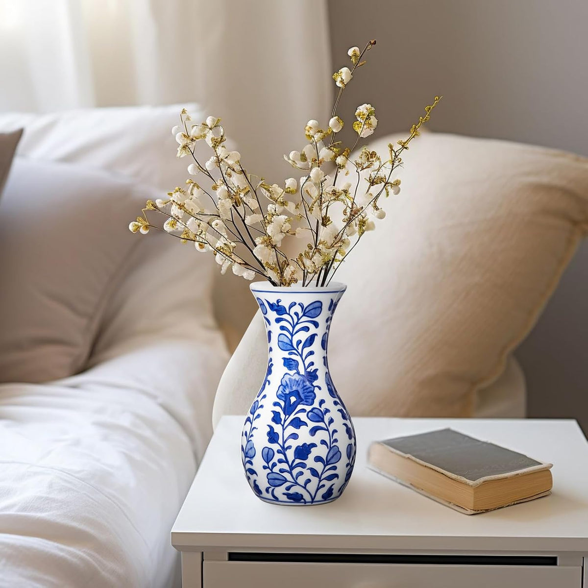 Set of 2 Small Blue and White Ceramic Vase, 6" Bud Chinoiserie Flower Vase