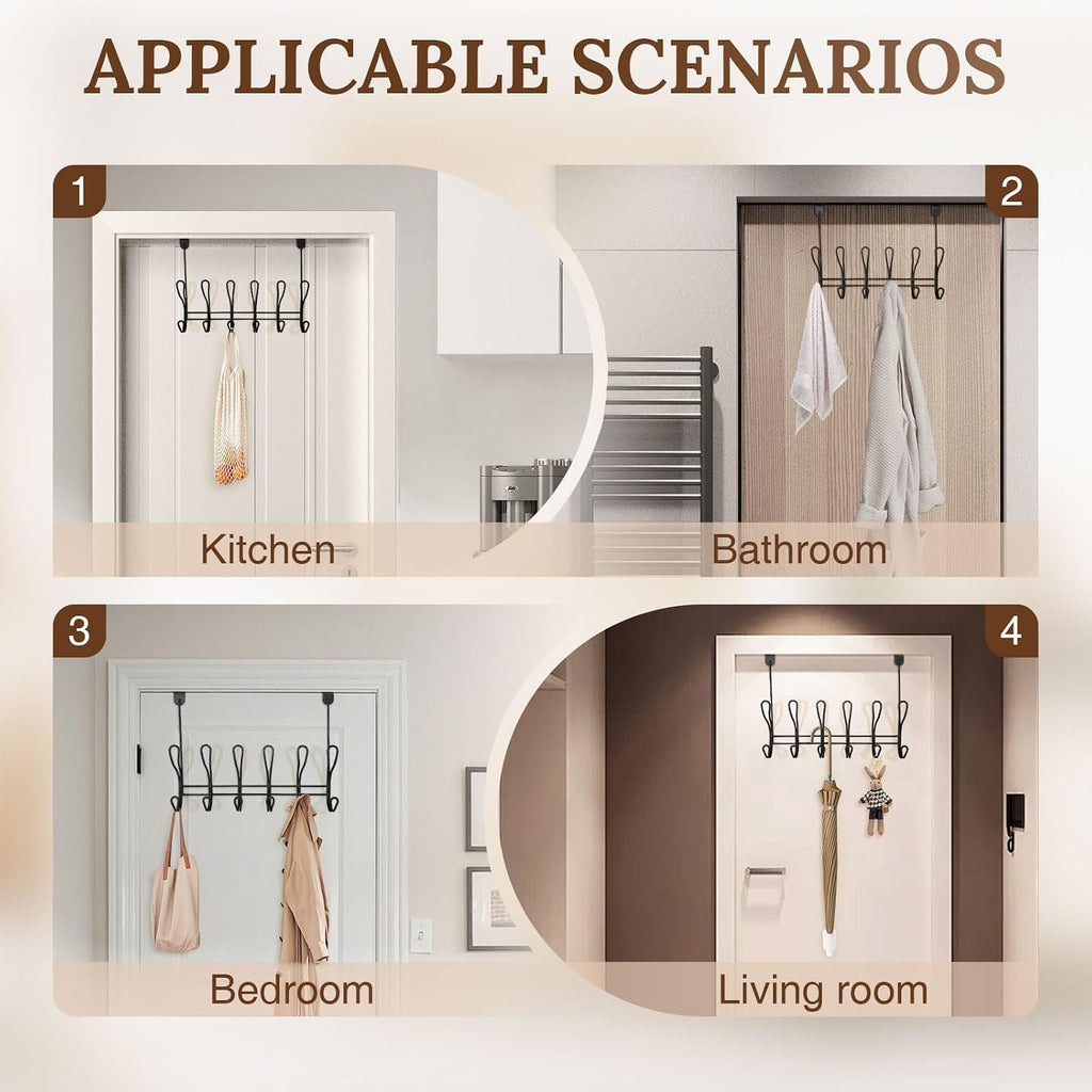 Twisted Design Over The Door Hook Rack With 12 Hooks - Towel, Coat Hanger for Bathroom, Bedroom or Laundry Room (Black)