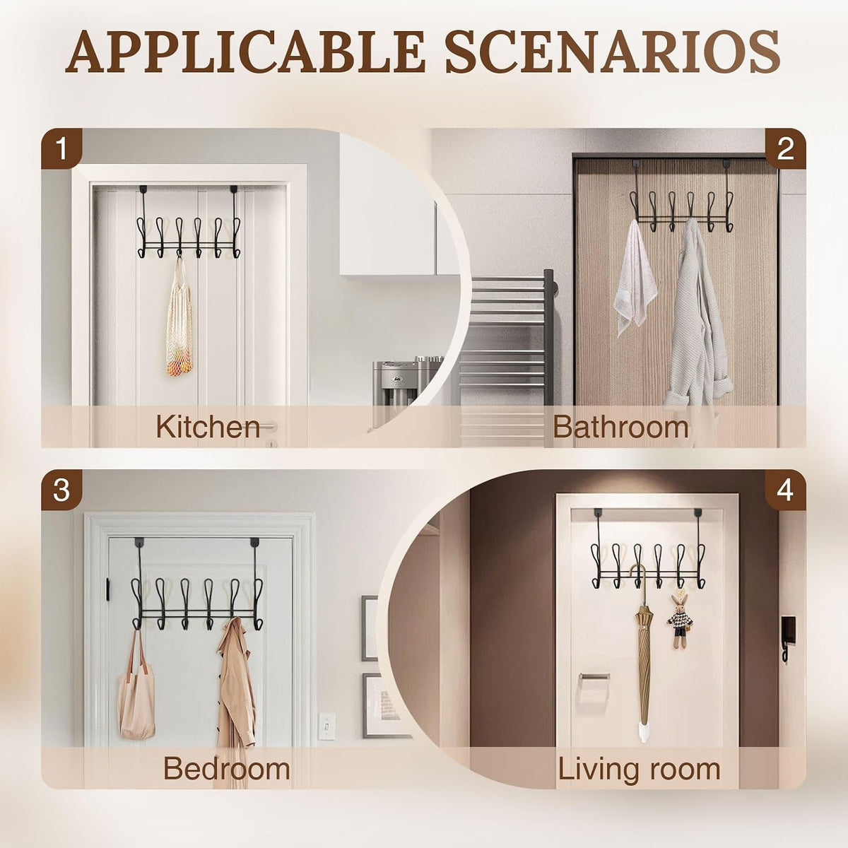 Twisted Design Over The Door Hook Rack With 12 Hooks - Towel, Coat Hanger for Bathroom, Bedroom or Laundry Room (Black)