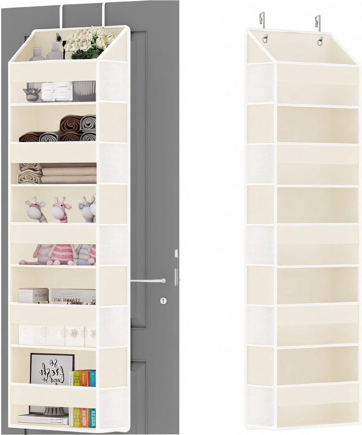 Over Door Organizer with 5 Large Pockets & 10 Mesh Side Compartments - Behind The Door Storage for Bathroom, Bedroom, Closet, Pantry, RV & Nursery - Baby Room Organizer Solution - Beige