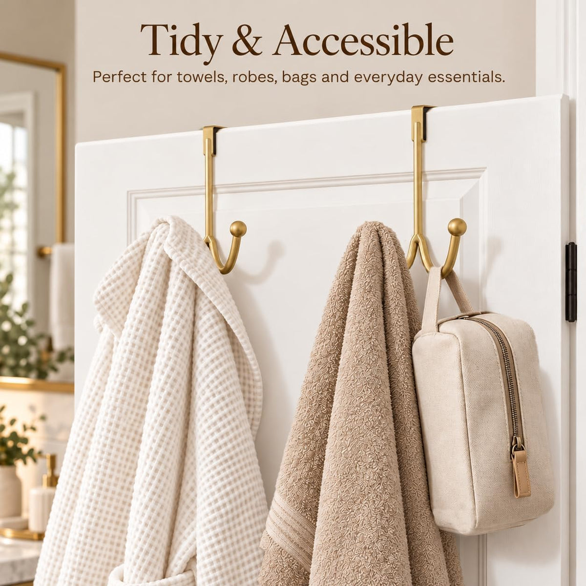 HFHOME 2Packs Over The Door Double Hanger Hooks, Metal Twin Hooks Organizer for Hanging Coats, Hats, Robes, Towels- Gold
