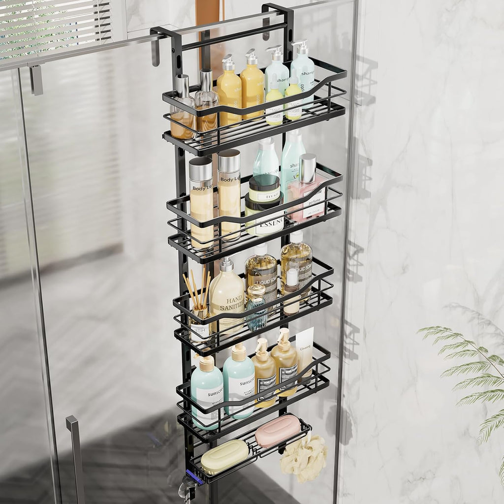 SWTYMIKI Over the Door Shower Caddy - 5 Tier Adjustable Shower Organizer Hanging with Soap Holder, No Drilling Stainless Steel Bathroom Rack Hanging for Body Wash, Shampoo, Soap, Razor, Black