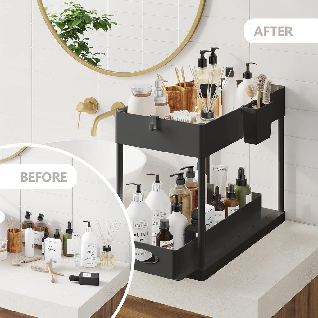 Under Sink Organizers and Storage, Bathroom Cabinet Organizer, Sink Shelf with Utility Hooks and Side Caddy for Under Cabinet Storage | Under Kitchen Sink Organizer with Sliding Drawer, Black (1-Pack)