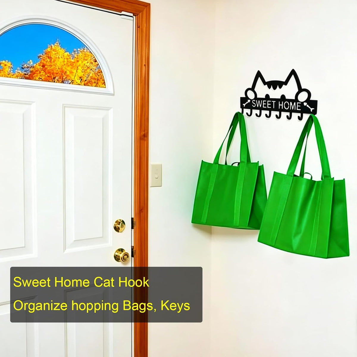 8 Hooks Entryway Wall Key Holder, Metal Key Rack Wall Mount for Keys, Bags and Leashes, Decorative Organizer for Entryway, Mudroom or Hallway, Sweet Home Design, 11 x 6.3 Inches, Black