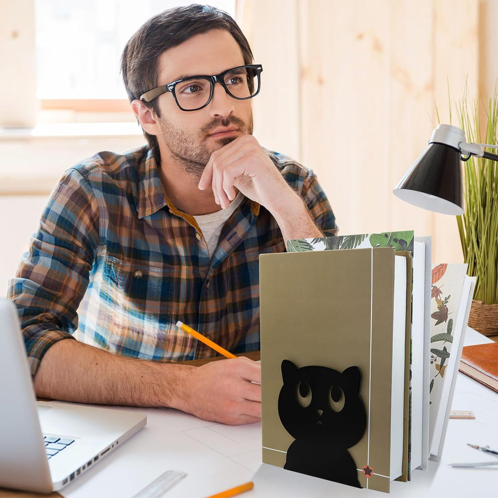 Cute Black Cat Bookends Metal Cat Book Ends Kids Bookends Office Journal Holder Library Decoration Bookshelf Book Organizer for Christmas Birthday Back to School Student Gift (Black Big Eyes)