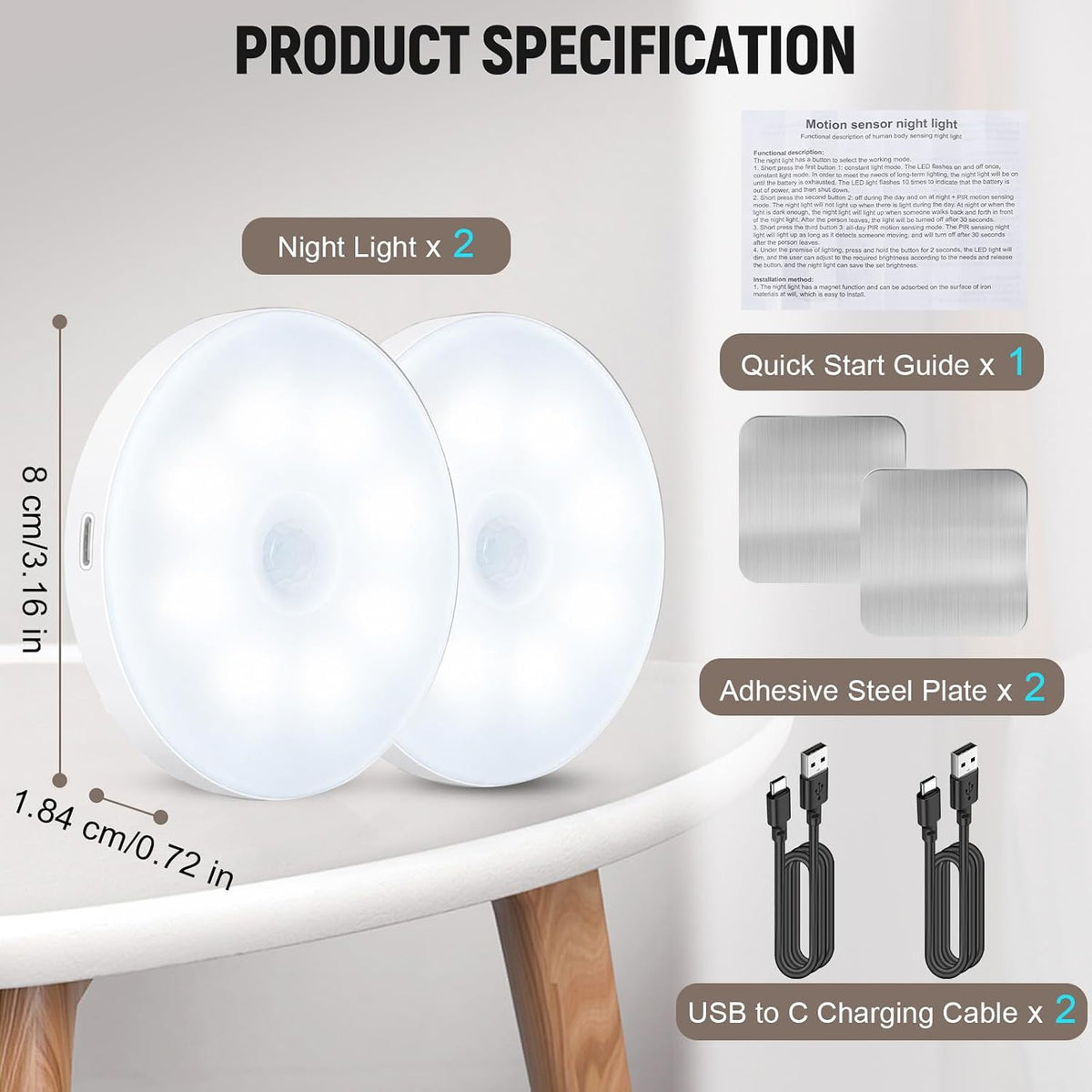 DWEPTU Motion Sensor Light Indoor, 3 Light Modes, Dimmable Cool White, Rechargeable Night Lights, Magnetic Puck Lights for Cruise Cabinet Bathroom Hallway Stairway (2 Pack)