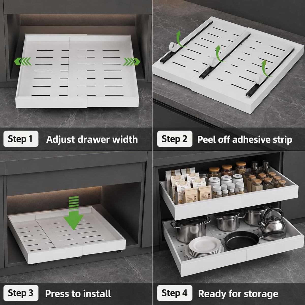 Seinloes 4 Pack Expandable Pull Out Cabinet Organizer 21"Deep With Raising Pad for Framed Cabinets,Upgrade 3 Slide Rails Slide Out Drawers,No Drill Roll Out Shelves,Adjustable Width 12.1"-20.4" White