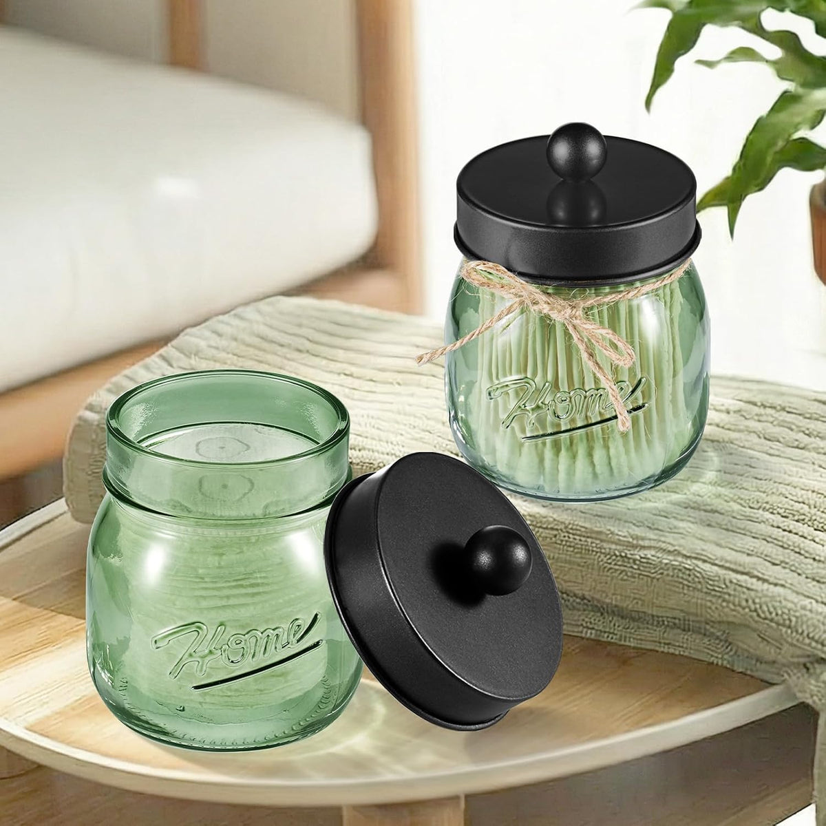SheeChung Green Glass Mason Jar Qtip Holder Dispenser with Black Metal Lid