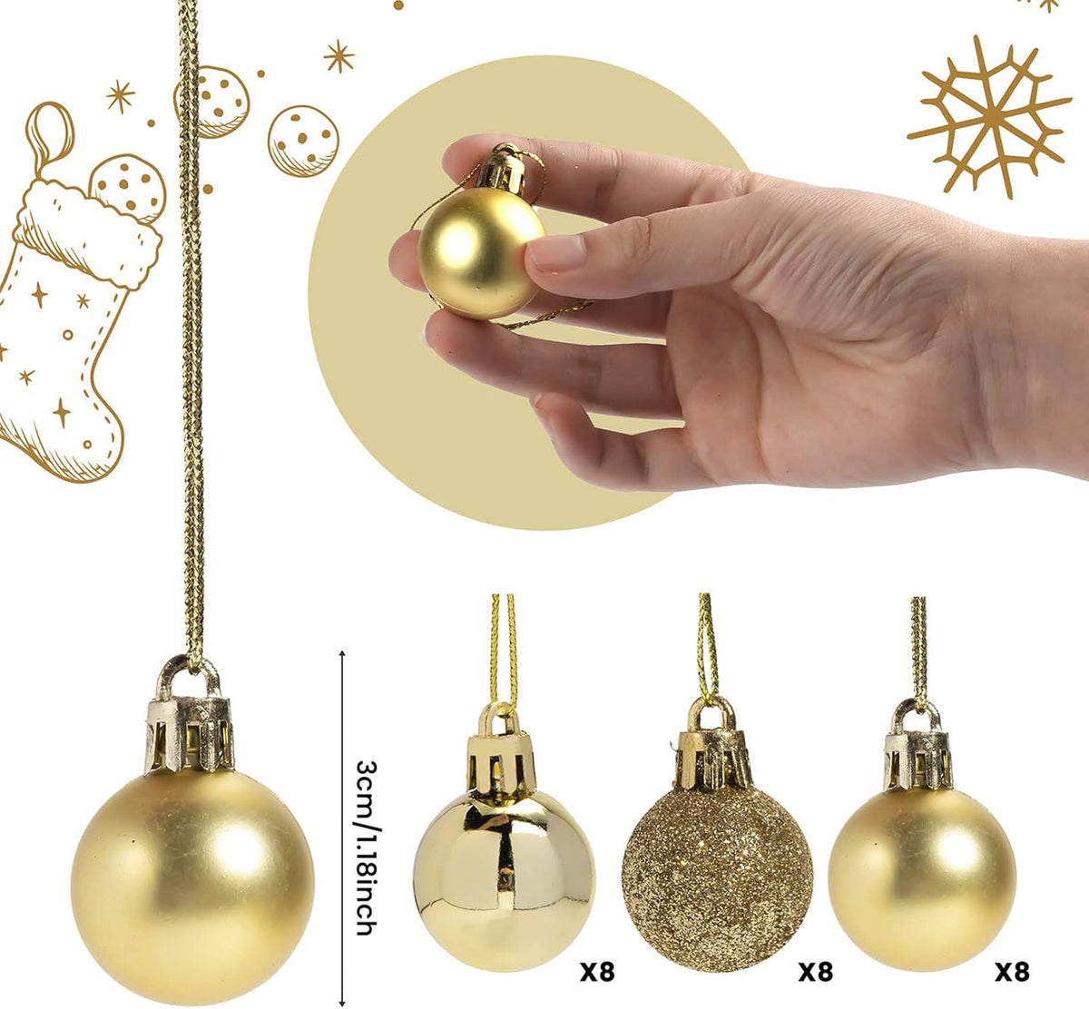 GOOTRADES Set of 24 Mini Shatterproof Christmas Balls Tree Ornaments Party Decoration, 3cm/1.1'' (Gold)