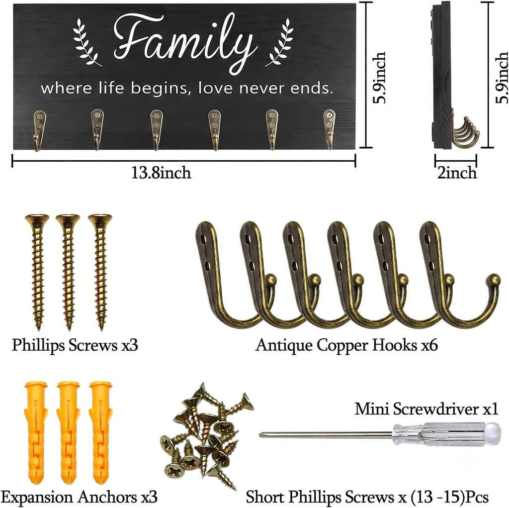 AHYS Key Holder Wall Mount Wooden Key Hanger with 6 Metal Hooks Rustic Family Wall Decor for Farmhouse Home Entryway Hallway Living Room Office Decorations - Black